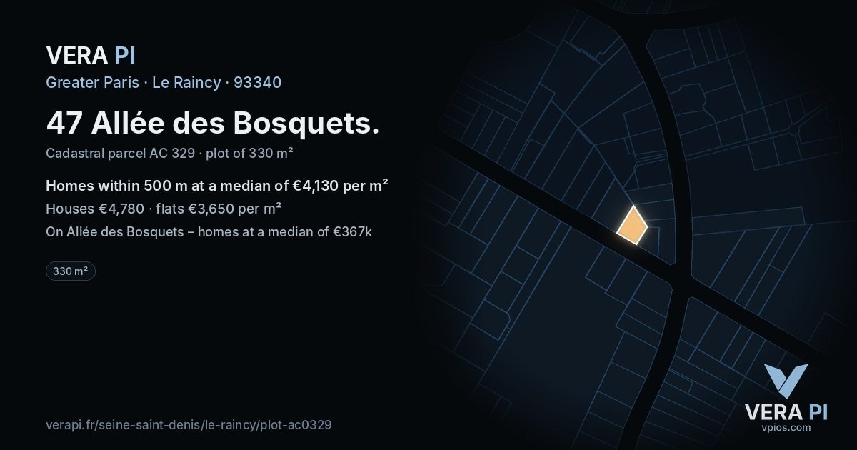 47 Allée des Bosquets, Le Raincy at night – the plot lit, the parcels around coloured by the prices near them