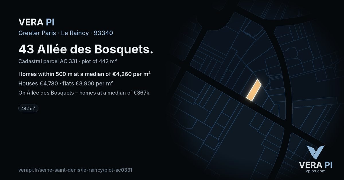 43 Allée des Bosquets, Le Raincy at night – the plot lit, the parcels around coloured by the prices near them