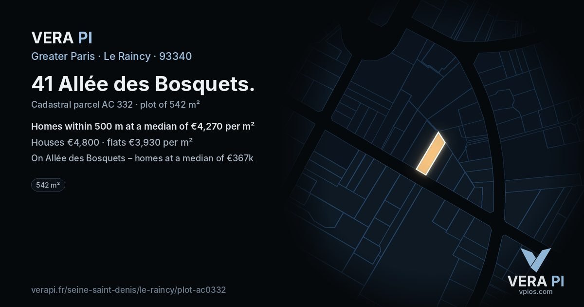 41 Allée des Bosquets, Le Raincy at night – the plot lit, the parcels around coloured by the prices near them