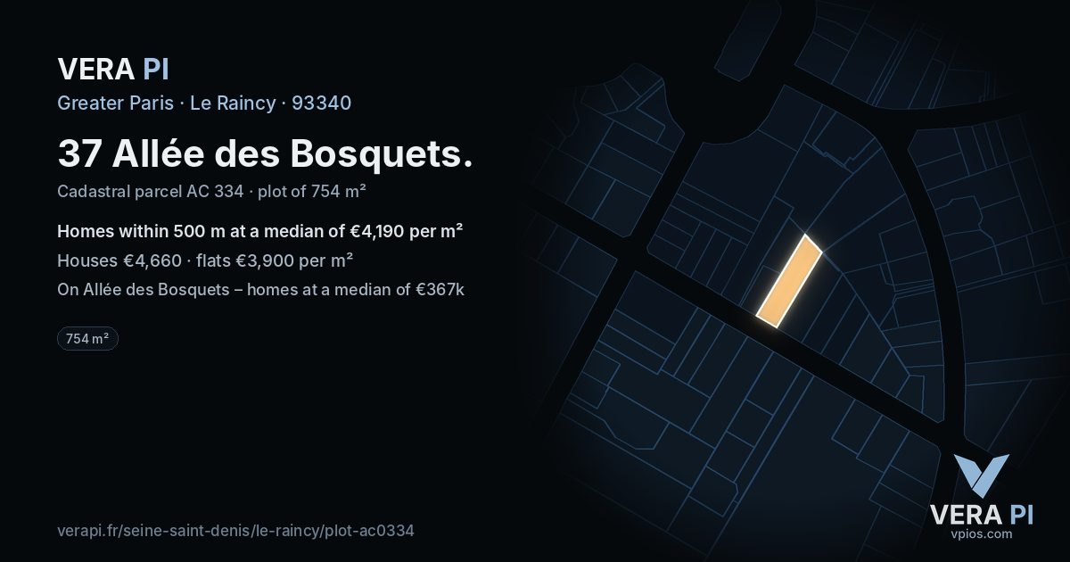37 Allée des Bosquets, Le Raincy at night – the plot lit, the parcels around coloured by the prices near them
