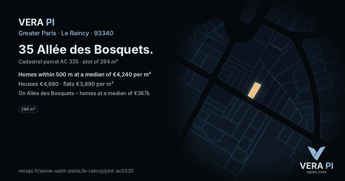 35 Allée des Bosquets, Le Raincy at night – the plot lit, the parcels around coloured by the prices near them