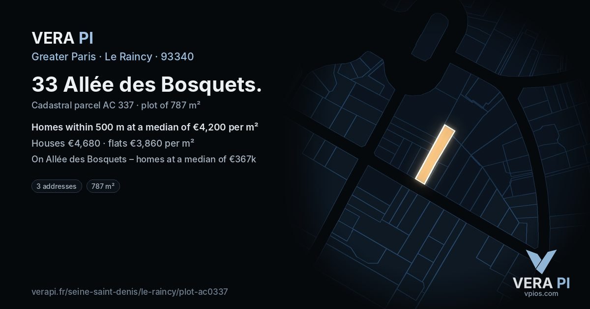 33 Allée des Bosquets, Le Raincy at night – the plot lit, the parcels around coloured by the prices near them