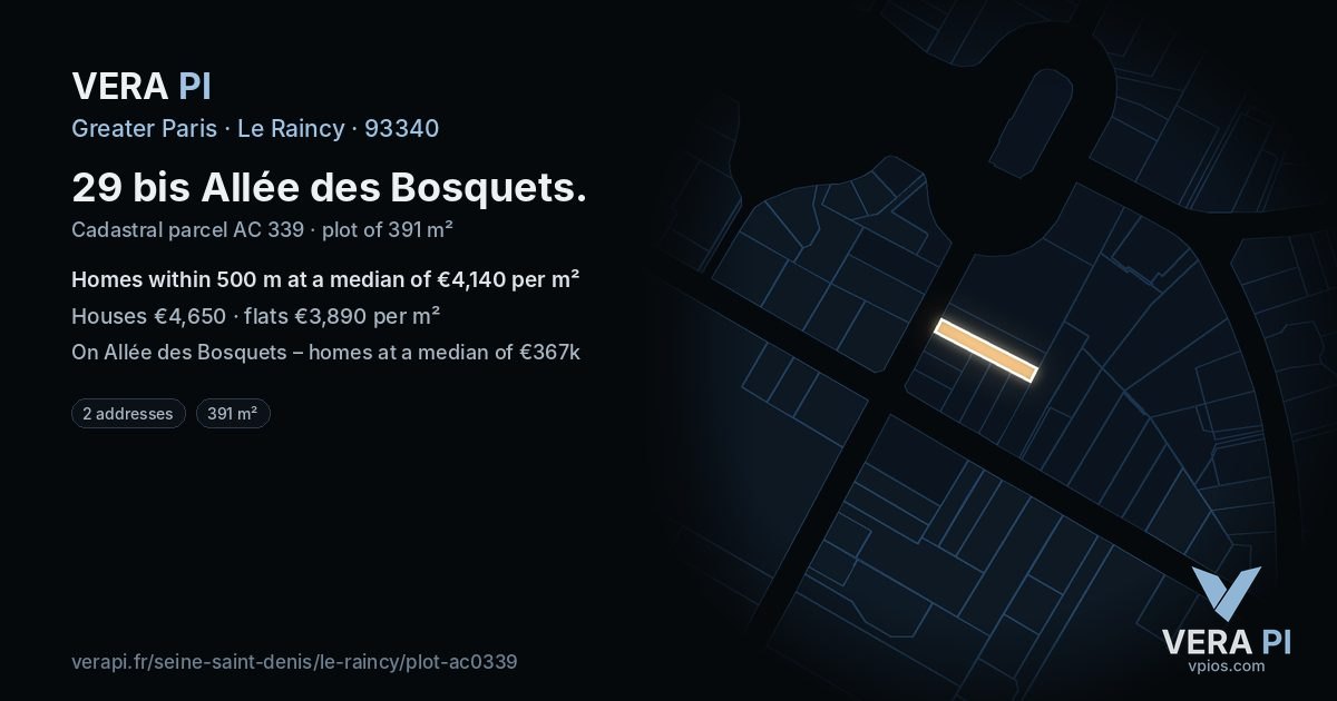 29 bis Allée des Bosquets, Le Raincy at night – the plot lit, the parcels around coloured by the prices near them
