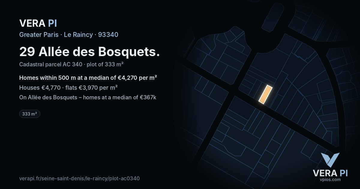 29 Allée des Bosquets, Le Raincy at night – the plot lit, the parcels around coloured by the prices near them