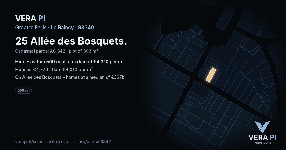 25 Allée des Bosquets, Le Raincy at night – the plot lit, the parcels around coloured by the prices near them