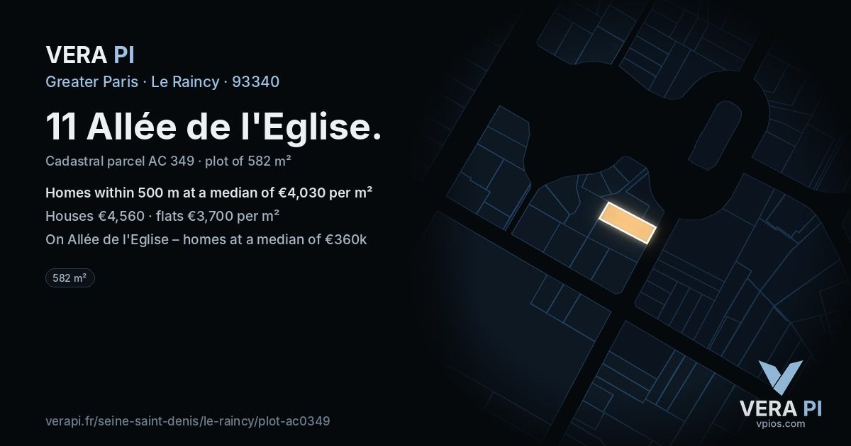 11 Allée de l'Eglise, Le Raincy at night – the plot lit, the parcels around coloured by the prices near them