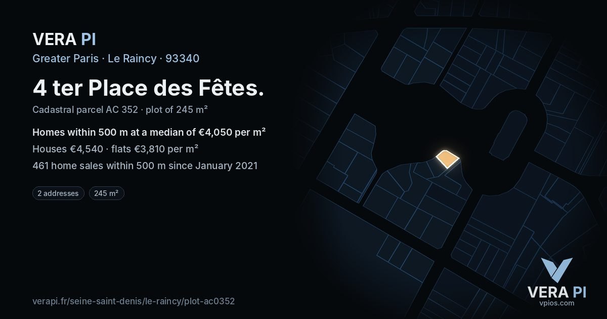4 ter Place des Fêtes, Le Raincy at night – the plot lit, the parcels around coloured by the prices near them