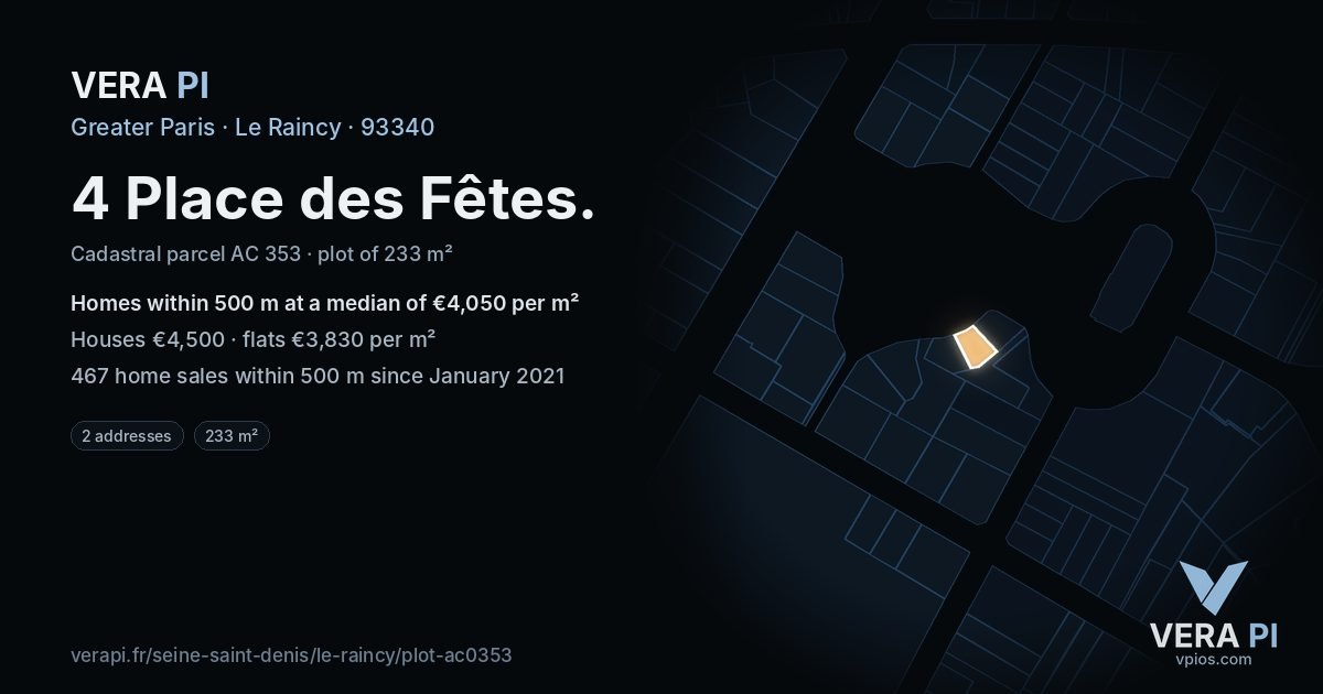 4 Place des Fêtes, Le Raincy at night – the plot lit, the parcels around coloured by the prices near them