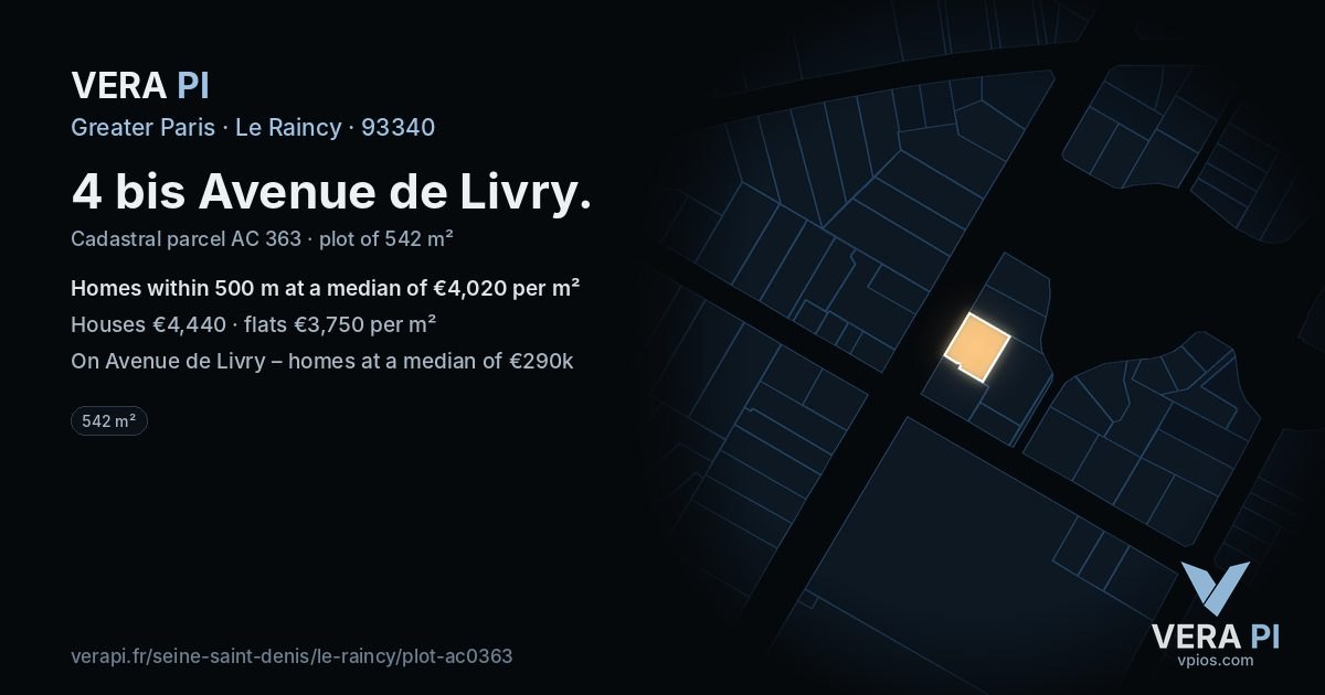 4 bis Avenue de Livry, Le Raincy at night – the plot lit, the parcels around coloured by the prices near them