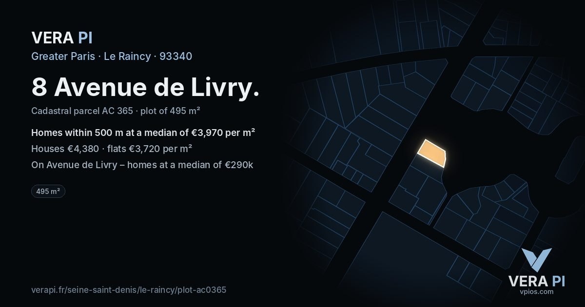 8 Avenue de Livry, Le Raincy at night – the plot lit, the parcels around coloured by the prices near them