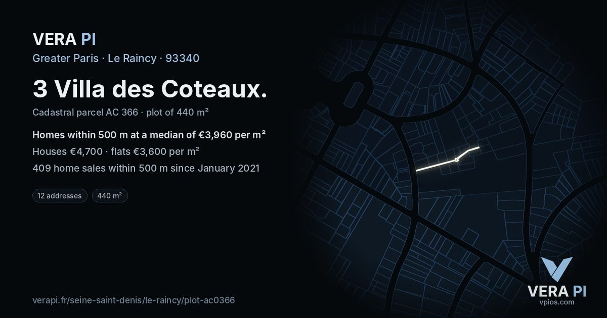3 Villa des Coteaux, Le Raincy at night – the plot lit, the parcels around coloured by the prices near them