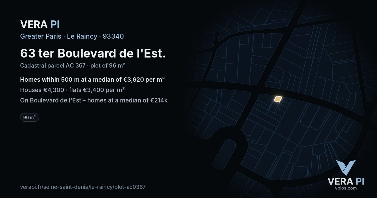 63 ter Boulevard de l'Est, Le Raincy at night – the plot lit, the parcels around coloured by the prices near them