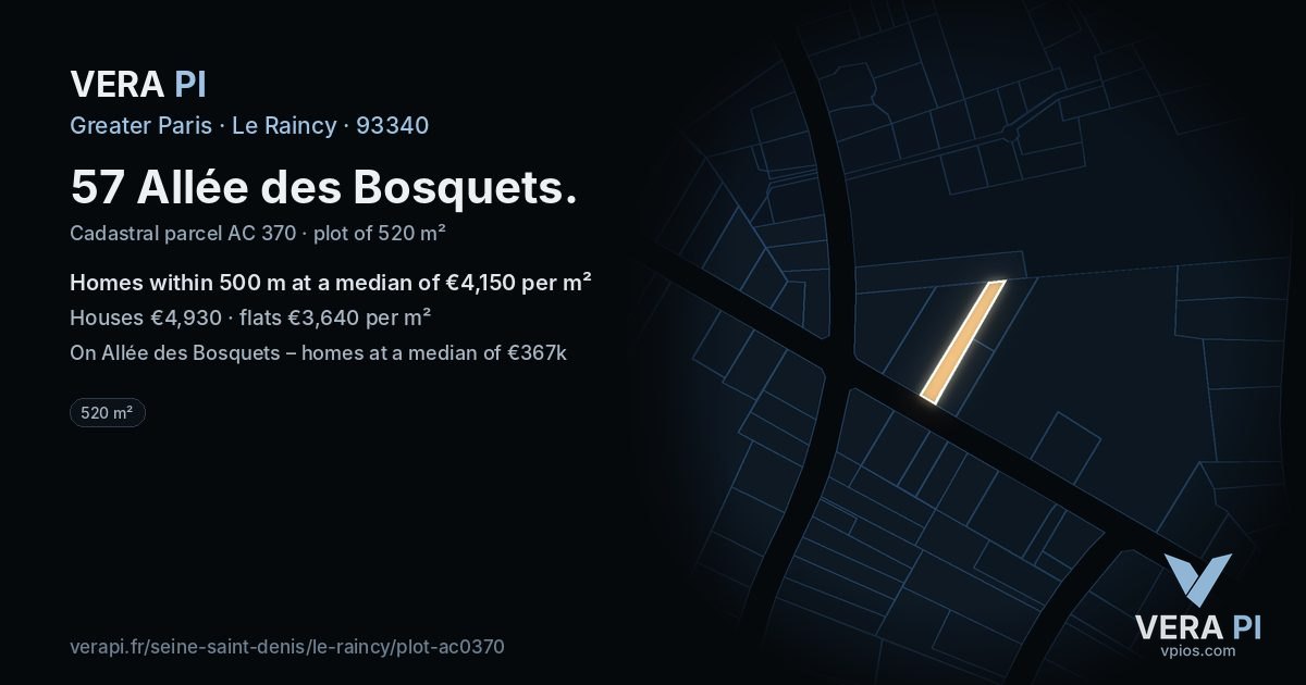 57 Allée des Bosquets, Le Raincy at night – the plot lit, the parcels around coloured by the prices near them