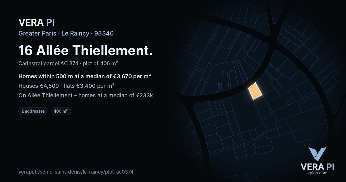 16 Allée Thiellement, Le Raincy at night – the plot lit, the parcels around coloured by the prices near them