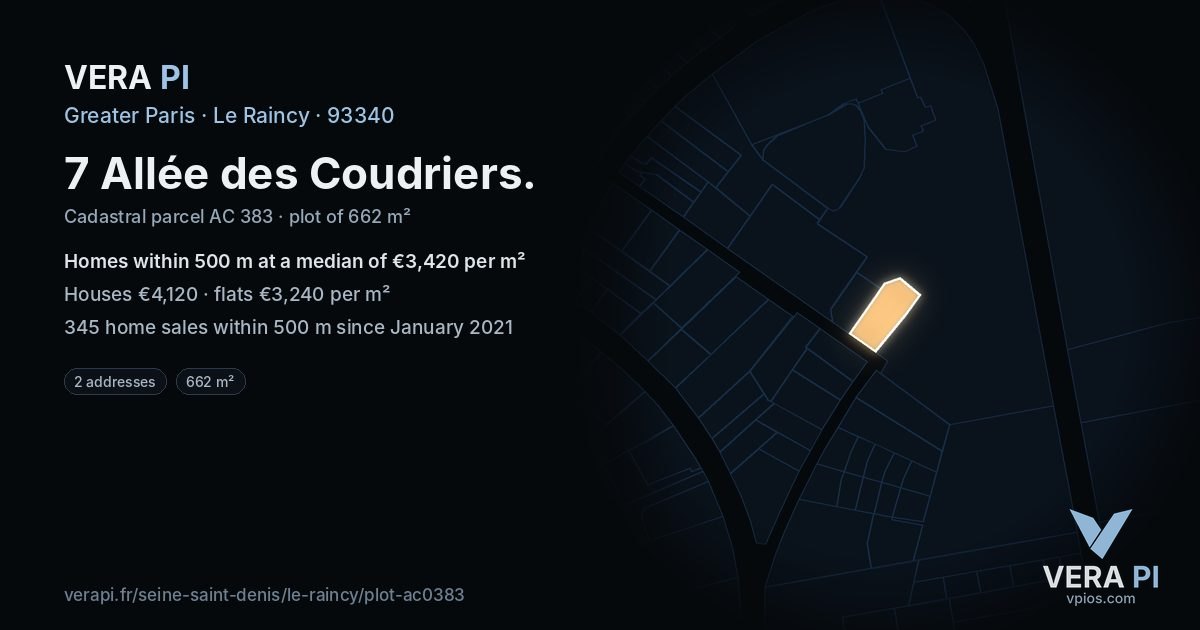 7 Allée des Coudriers, Le Raincy at night – the plot lit, the parcels around coloured by the prices near them