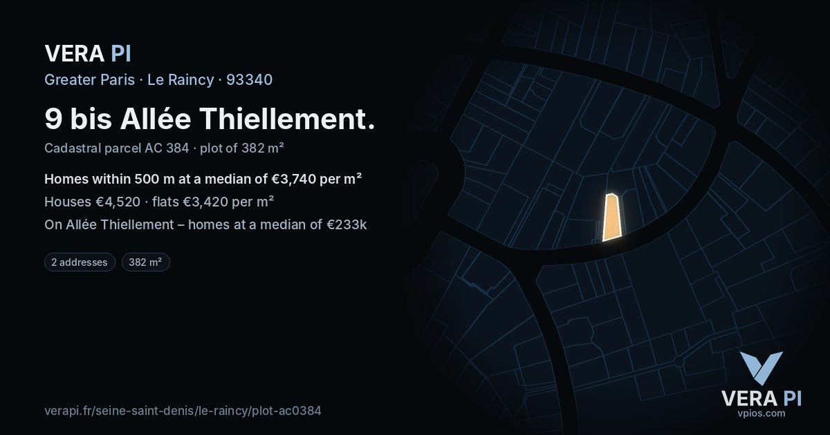 9 bis Allée Thiellement, Le Raincy at night – the plot lit, the parcels around coloured by the prices near them
