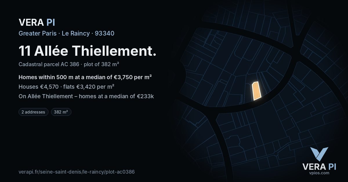 11 Allée Thiellement, Le Raincy at night – the plot lit, the parcels around coloured by the prices near them