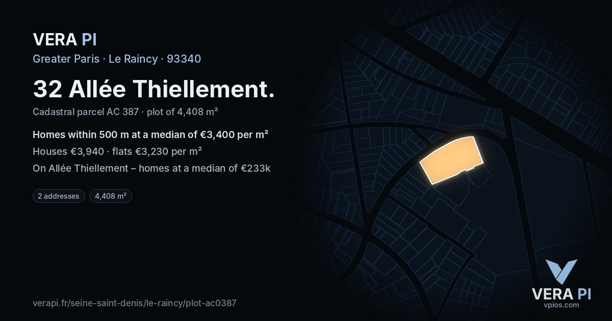 32 Allée Thiellement, Le Raincy at night – the plot lit, the parcels around coloured by the prices near them