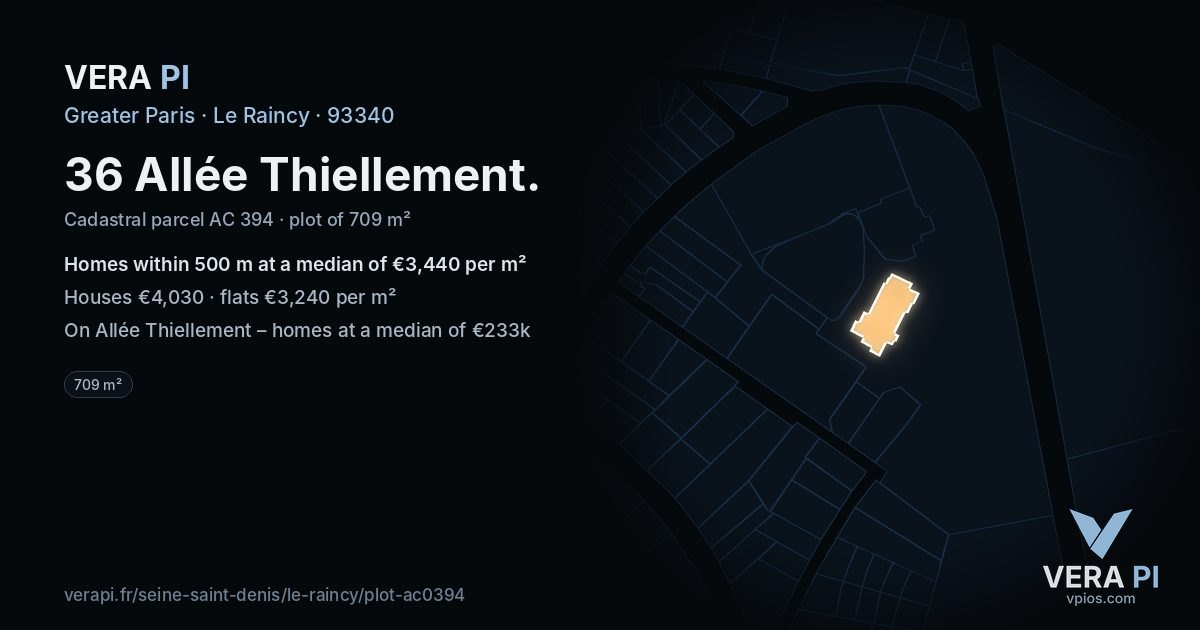 36 Allée Thiellement, Le Raincy at night – the plot lit, the parcels around coloured by the prices near them