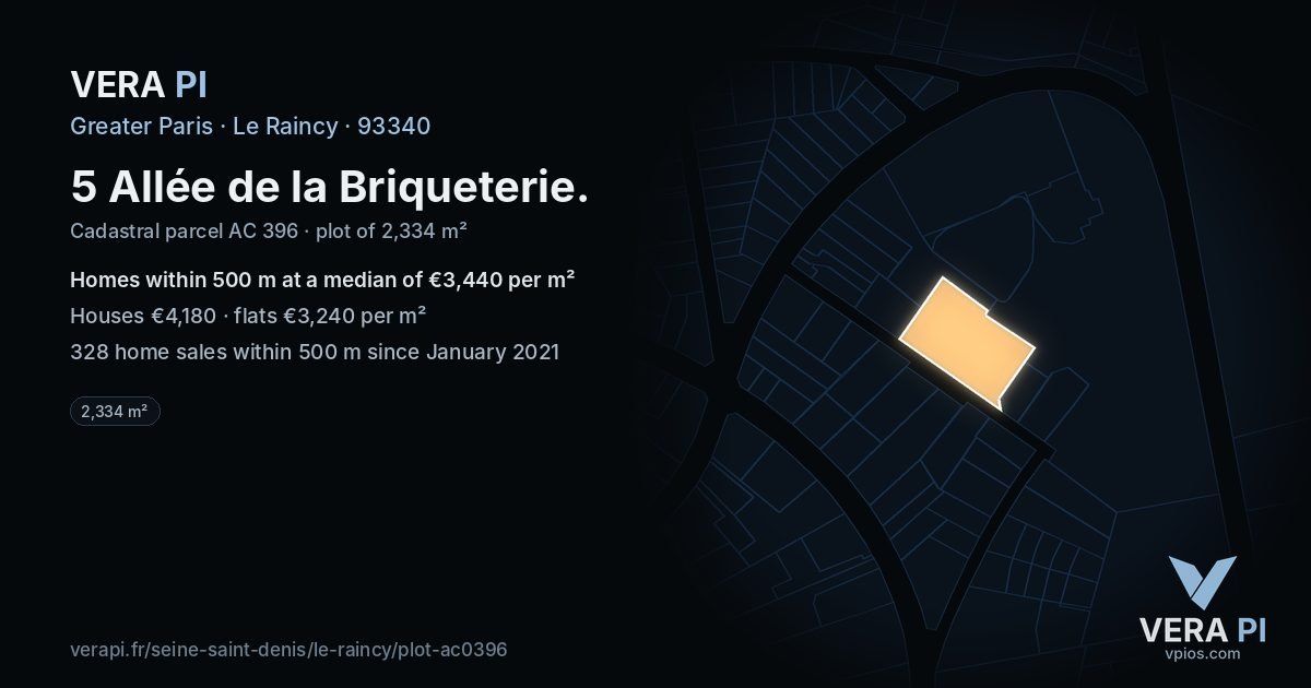 5 Allée de la Briqueterie, Le Raincy at night – the plot lit, the parcels around coloured by the prices near them