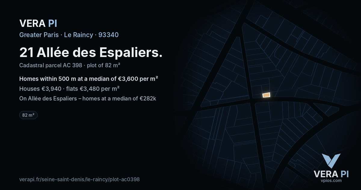 21 Allée des Espaliers, Le Raincy at night – the plot lit, the parcels around coloured by the prices near them
