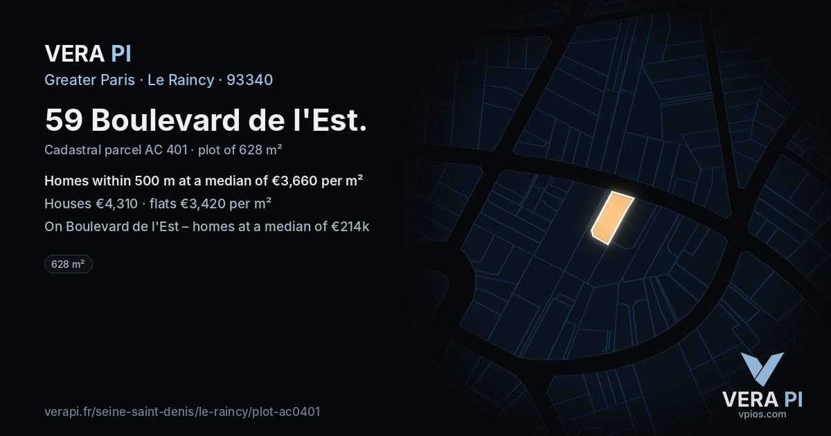 59 Boulevard de l'Est, Le Raincy at night – the plot lit, the parcels around coloured by the prices near them