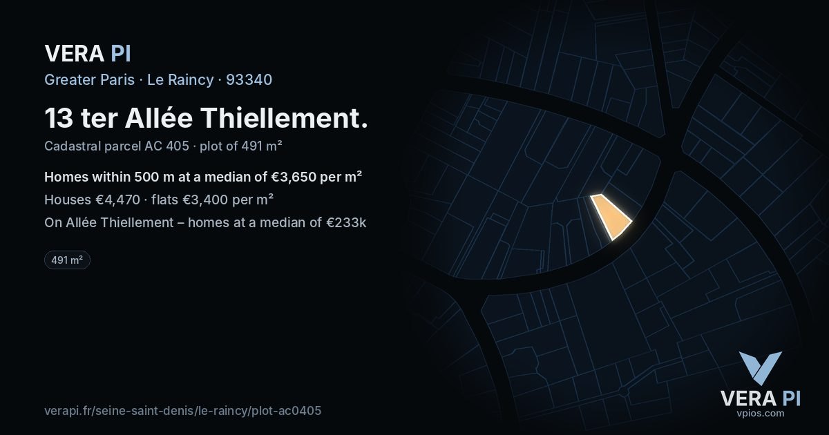 13 ter Allée Thiellement, Le Raincy at night – the plot lit, the parcels around coloured by the prices near them