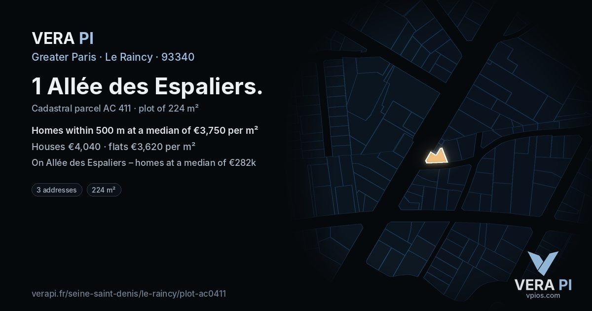 1 Allée des Espaliers, Le Raincy at night – the plot lit, the parcels around coloured by the prices near them