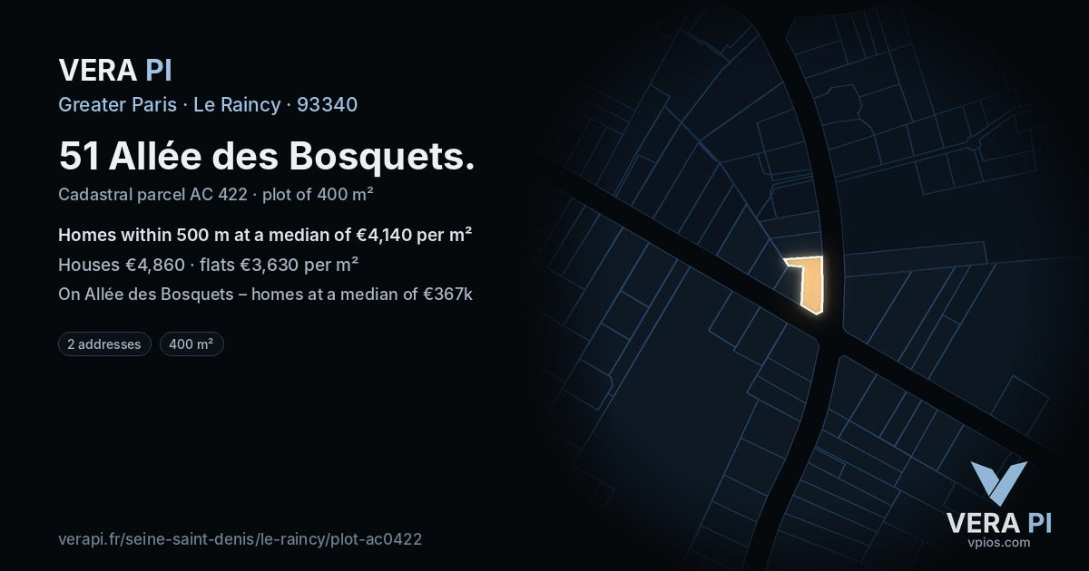 51 Allée des Bosquets, Le Raincy at night – the plot lit, the parcels around coloured by the prices near them