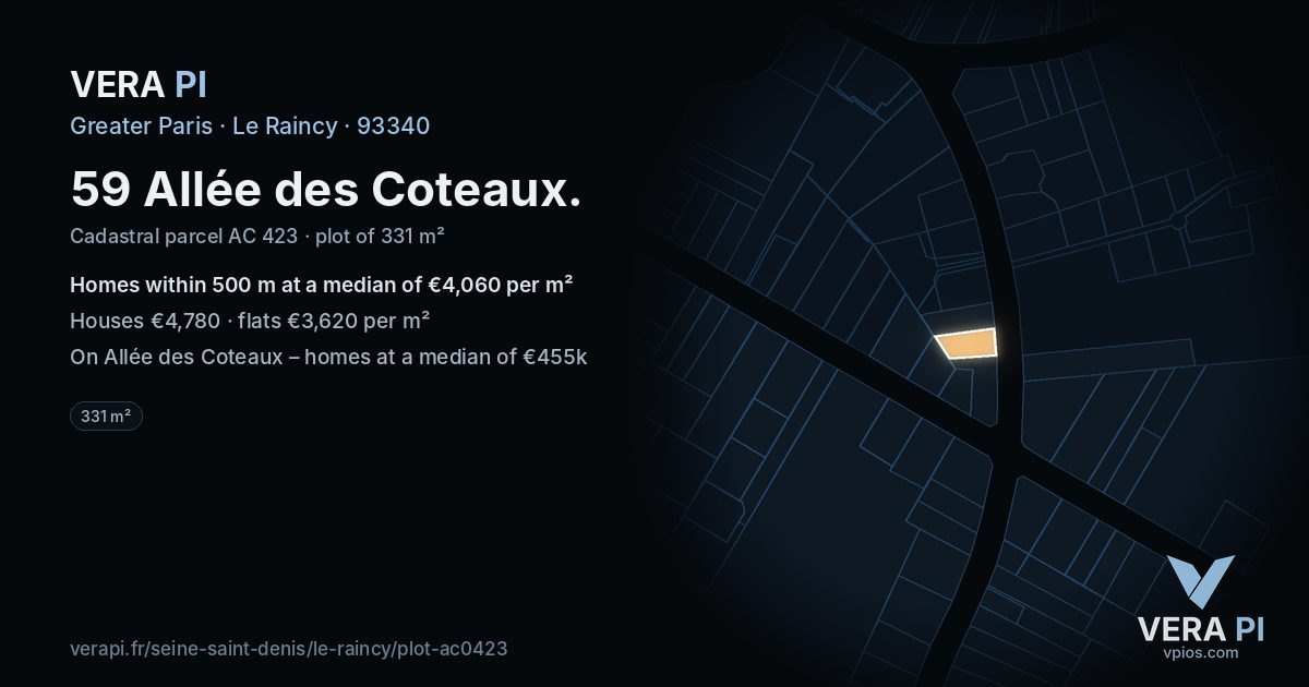 59 Allée des Coteaux, Le Raincy at night – the plot lit, the parcels around coloured by the prices near them