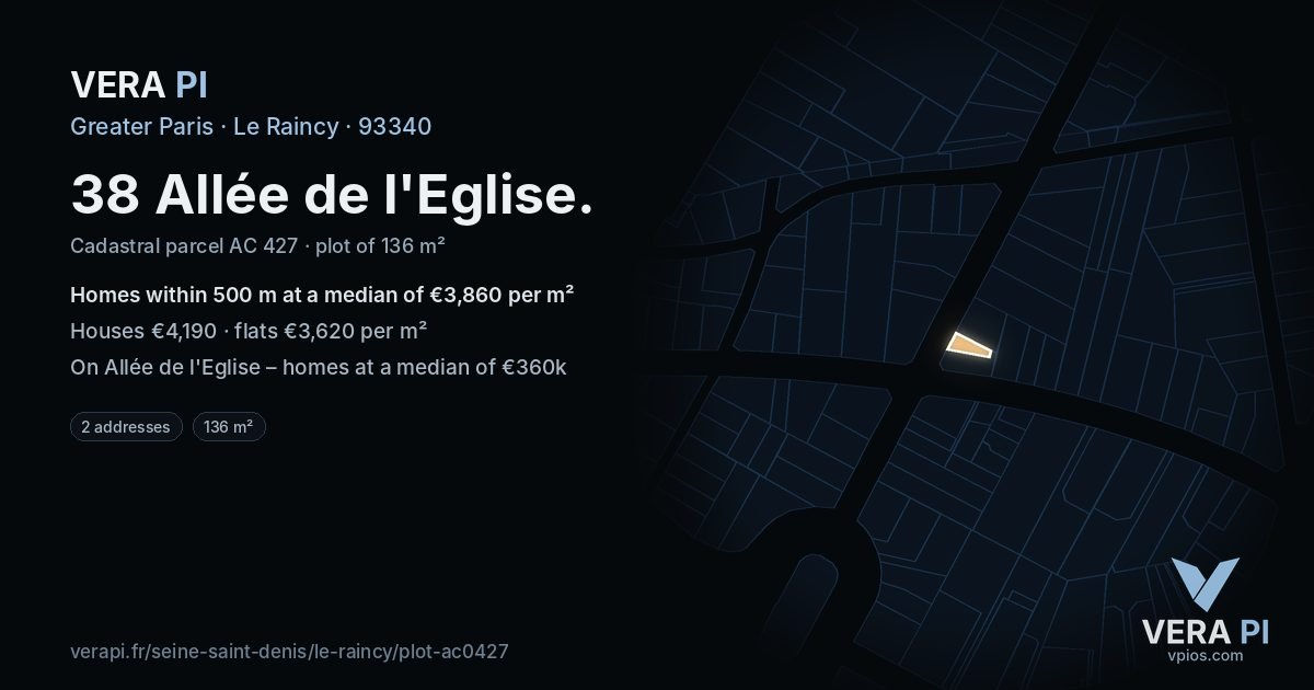 38 Allée de l'Eglise, Le Raincy at night – the plot lit, the parcels around coloured by the prices near them