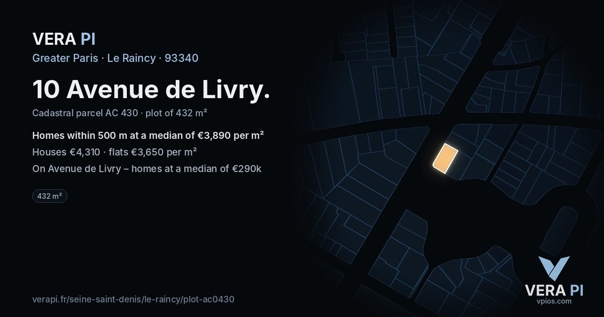 10 Avenue de Livry, Le Raincy at night – the plot lit, the parcels around coloured by the prices near them