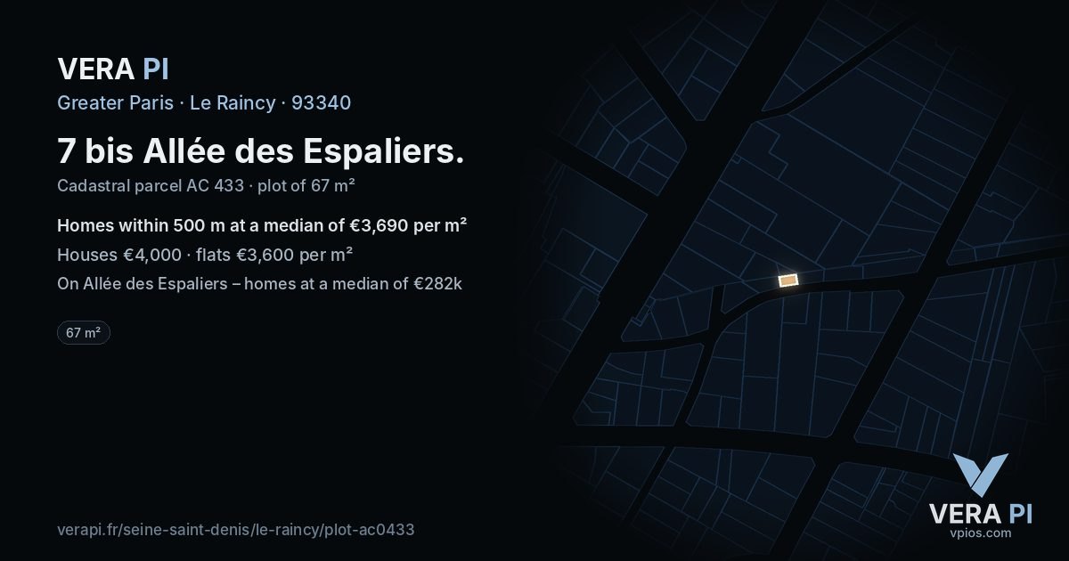7 bis Allée des Espaliers, Le Raincy at night – the plot lit, the parcels around coloured by the prices near them