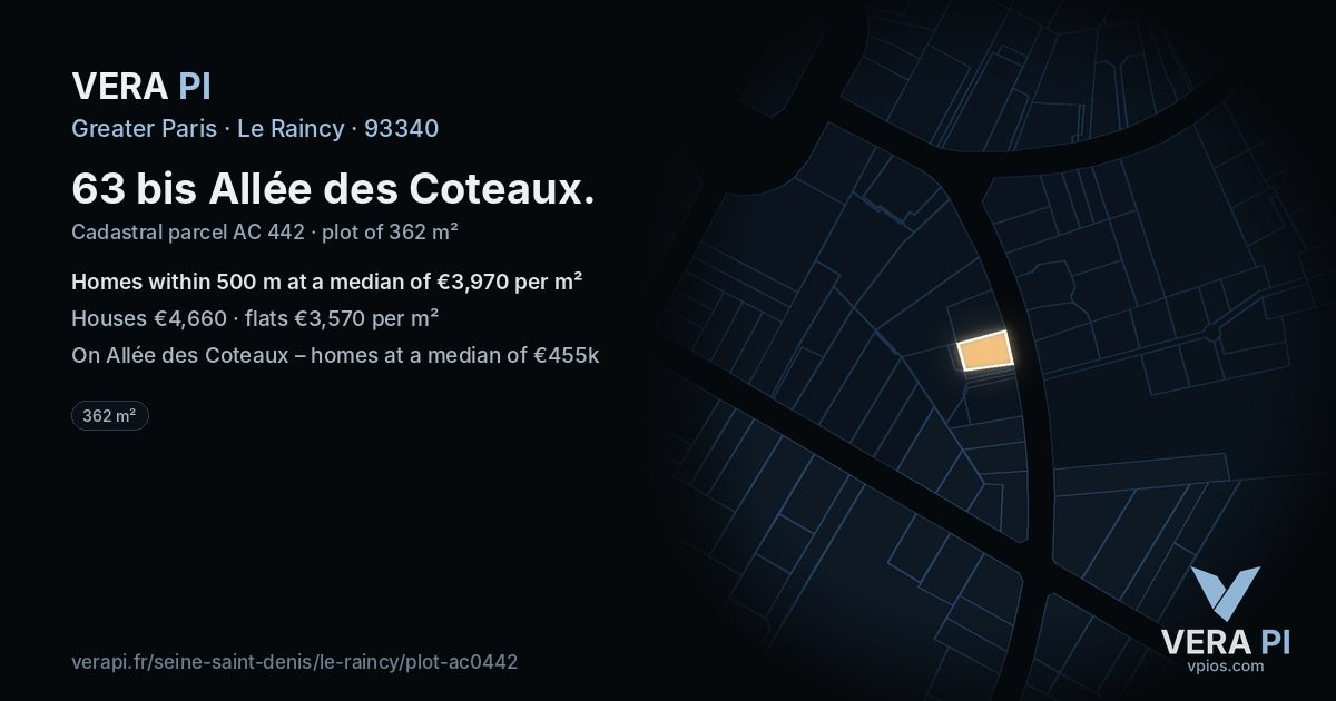63 bis Allée des Coteaux, Le Raincy at night – the plot lit, the parcels around coloured by the prices near them