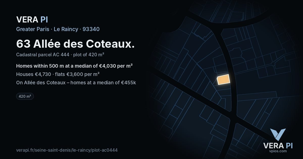 63 Allée des Coteaux, Le Raincy at night – the plot lit, the parcels around coloured by the prices near them