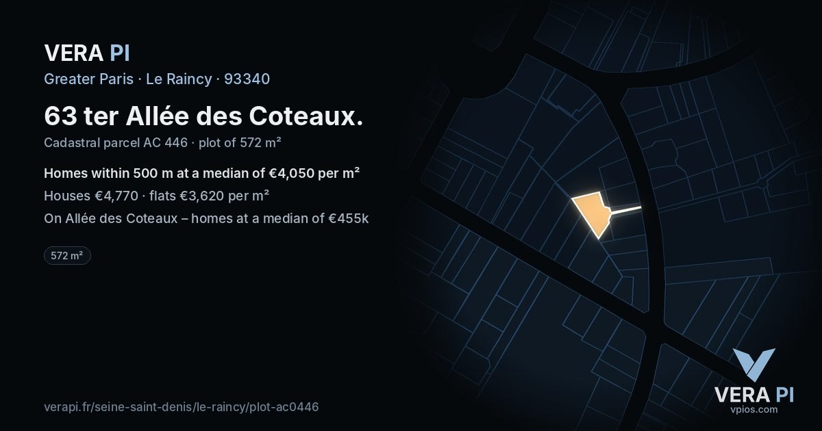 63 ter Allée des Coteaux, Le Raincy at night – the plot lit, the parcels around coloured by the prices near them