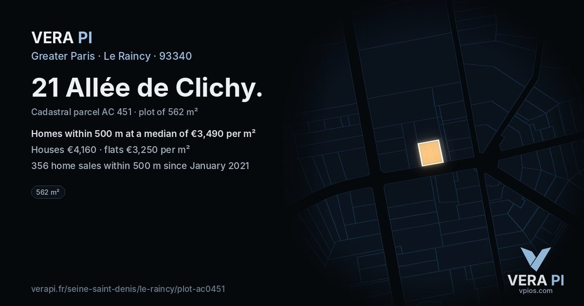 21 Allée de Clichy, Le Raincy at night – the plot lit, the parcels around coloured by the prices near them
