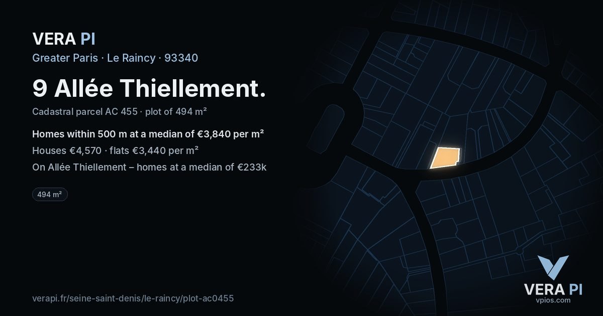 9 Allée Thiellement, Le Raincy at night – the plot lit, the parcels around coloured by the prices near them