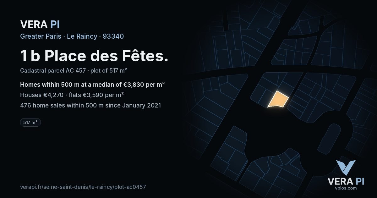 1 b Place des Fêtes, Le Raincy at night – the plot lit, the parcels around coloured by the prices near them