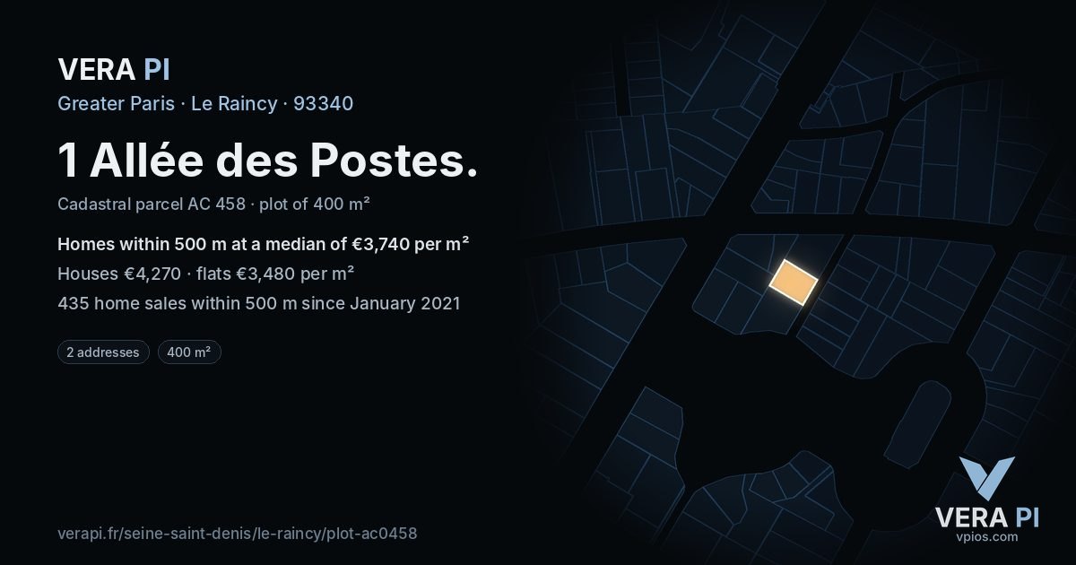 1 Allée des Postes, Le Raincy at night – the plot lit, the parcels around coloured by the prices near them