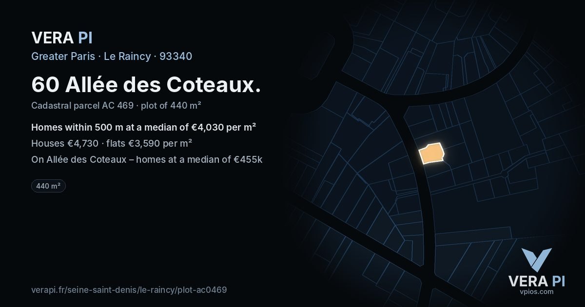 60 Allée des Coteaux, Le Raincy at night – the plot lit, the parcels around coloured by the prices near them