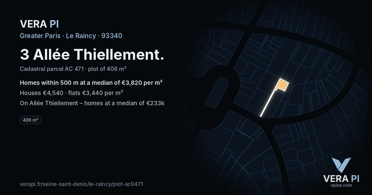 3 Allée Thiellement, Le Raincy at night – the plot lit, the parcels around coloured by the prices near them