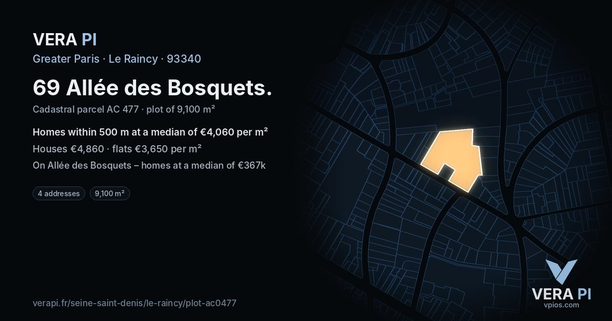 69 Allée des Bosquets, Le Raincy at night – the plot lit, the parcels around coloured by the prices near them