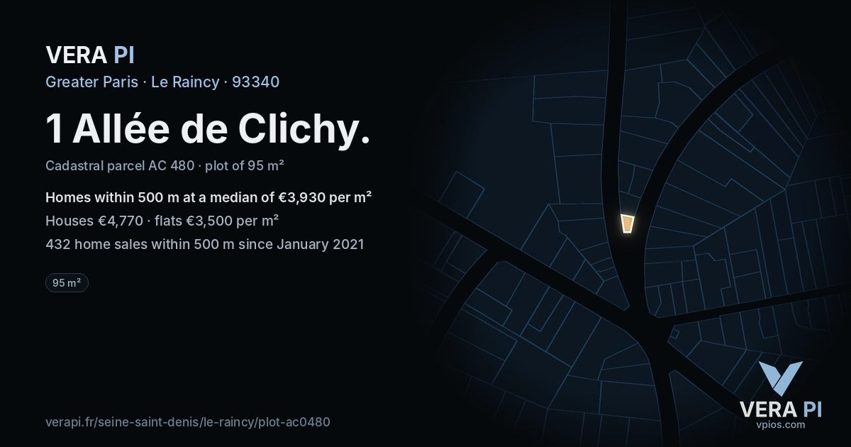 1 Allée de Clichy, Le Raincy at night – the plot lit, the parcels around coloured by the prices near them