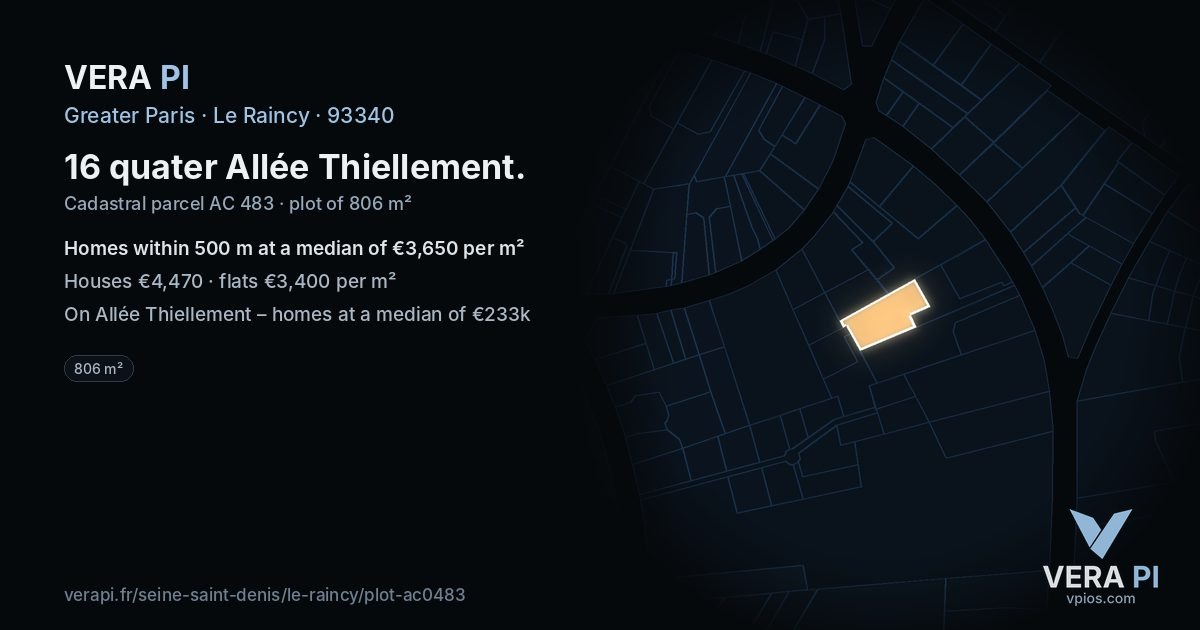 16 quater Allée Thiellement, Le Raincy at night – the plot lit, the parcels around coloured by the prices near them