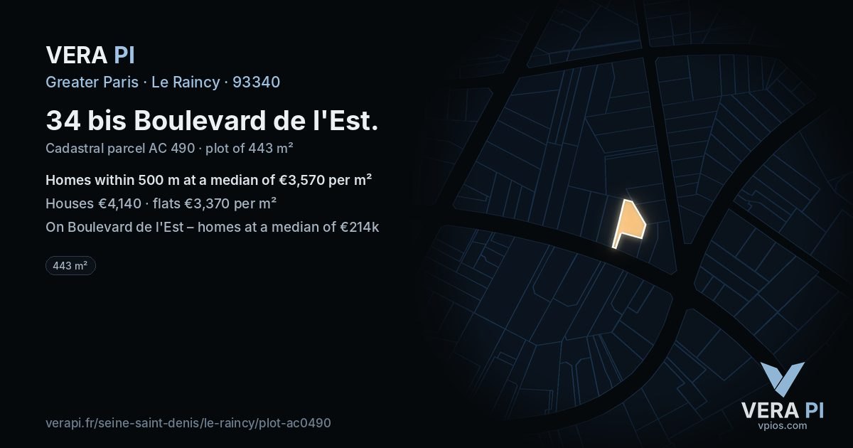 34 bis Boulevard de l'Est, Le Raincy at night – the plot lit, the parcels around coloured by the prices near them