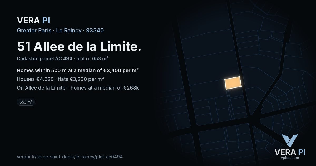 51 Allee de la Limite, Le Raincy at night – the plot lit, the parcels around coloured by the prices near them