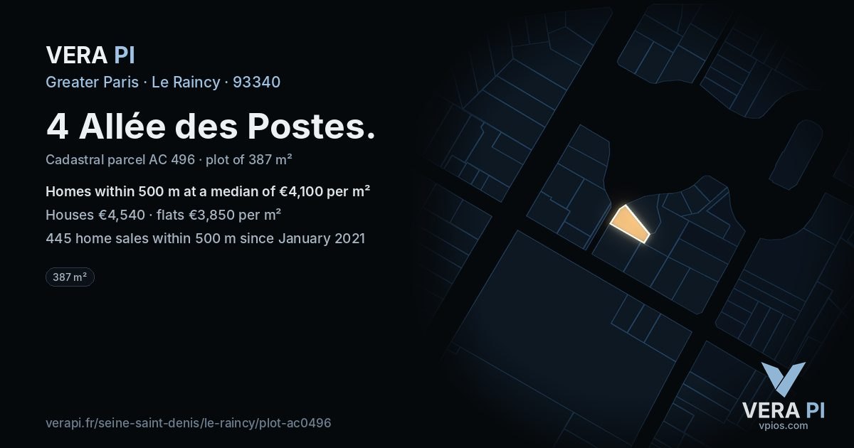 4 Allée des Postes, Le Raincy at night – the plot lit, the parcels around coloured by the prices near them