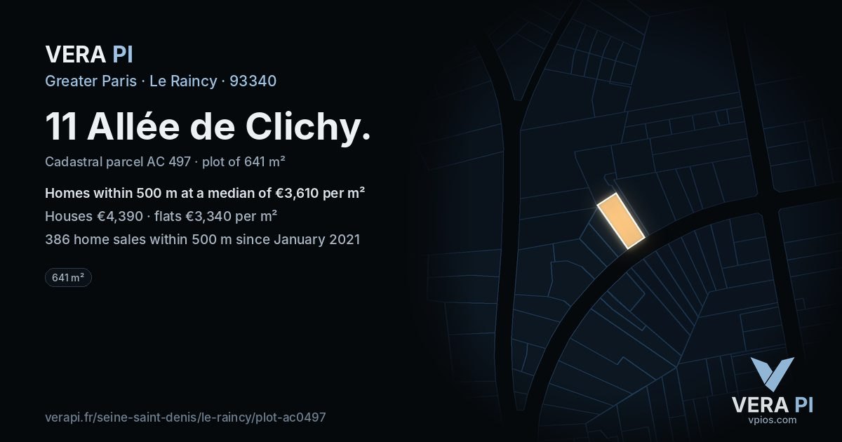 11 Allée de Clichy, Le Raincy at night – the plot lit, the parcels around coloured by the prices near them