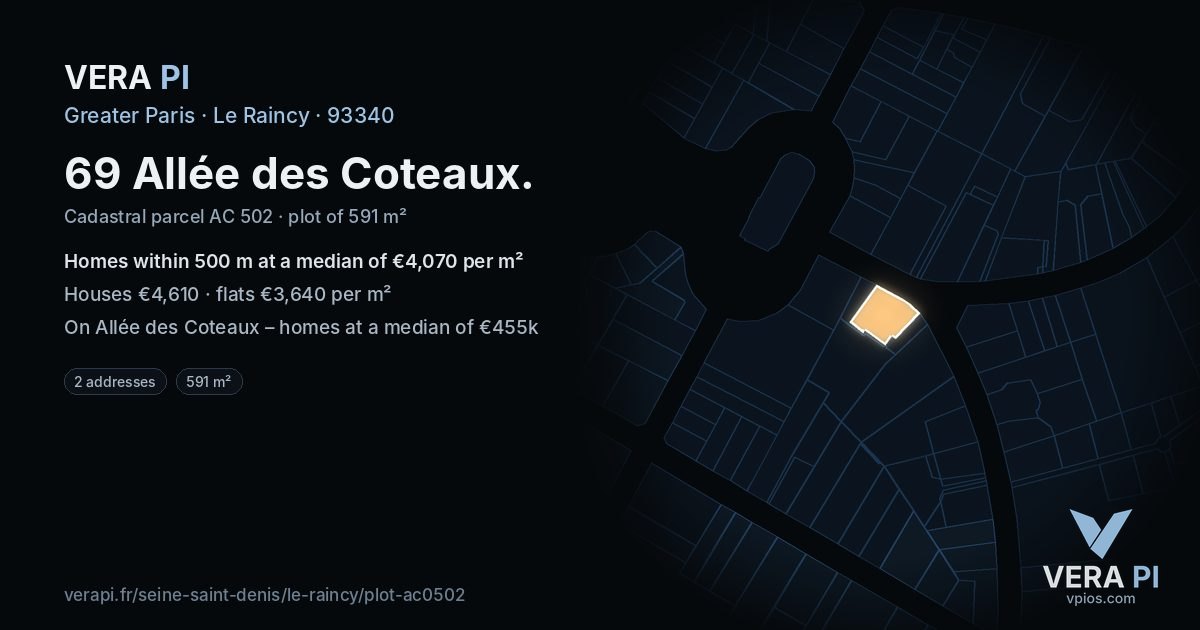 69 Allée des Coteaux, Le Raincy at night – the plot lit, the parcels around coloured by the prices near them